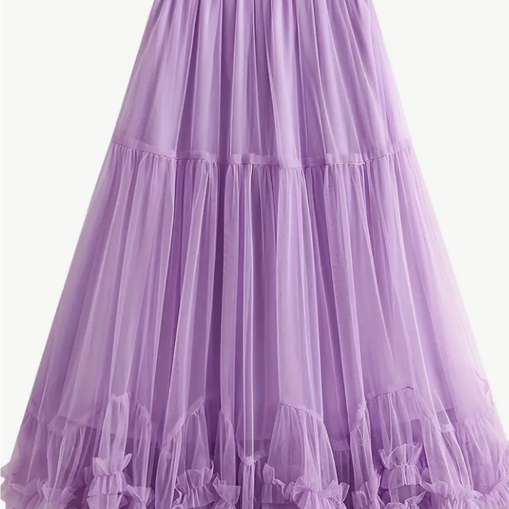Lilac Chiffon Mesh Sheer Ruffled Layered Maxi Skirt (One size) - Picture 2 of 5